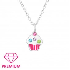 Children's Silver Cupcake Necklace with Crystal and Epoxy