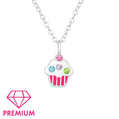 Children's Silver Cupcake Necklace with Crystal and Epoxy