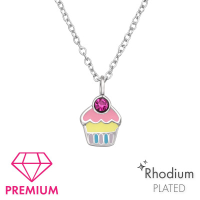 Children's Silver Cupcake Necklace with Crystal and Epoxy