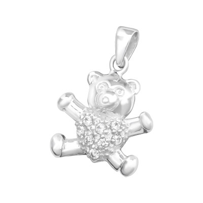 Children's Silver Teddy Bear Pendant with Cubic Zirconia