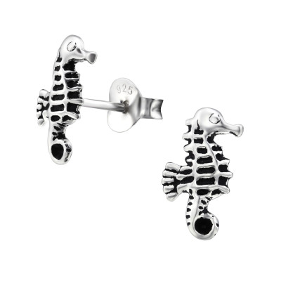 Children's Silver Seahorse Ear Studs with Crystal