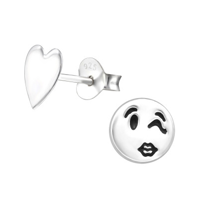 Children's Silver Wink Face and Heart Ear Studs