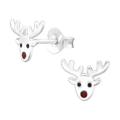 Children's Silver Reindeer Ear Studs with Crystal and Epoxy