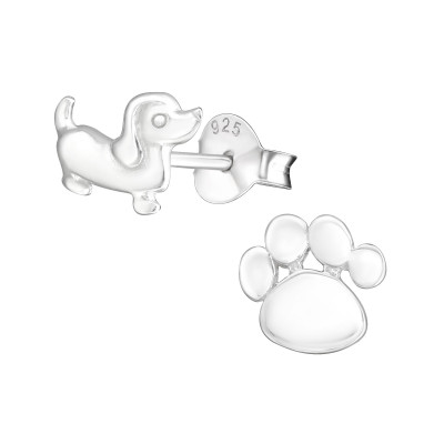 Children's Silver Dog and Paw Print Ear Studs