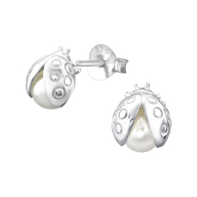 Children's Silver Ladybug Ear Studs with Synthetic Pearl