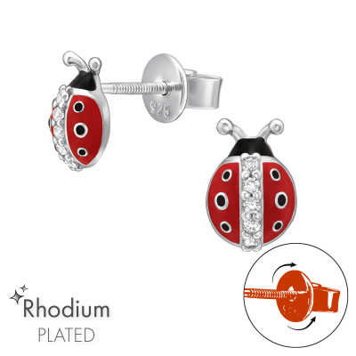 Ladybug Screw Back Children's Sterling Silver Premium Kids Ear Studs with Cubic Zirconia and Epoxy