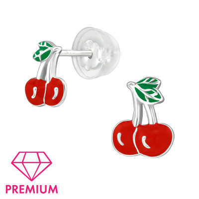 Premium Children's Silver Cherry Ear Studs with Epoxy