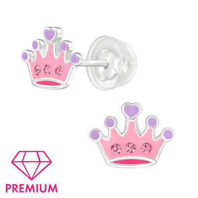 Crown Children's Sterling Silver Premium Kid Ear Studs with Crystal and Epoxy