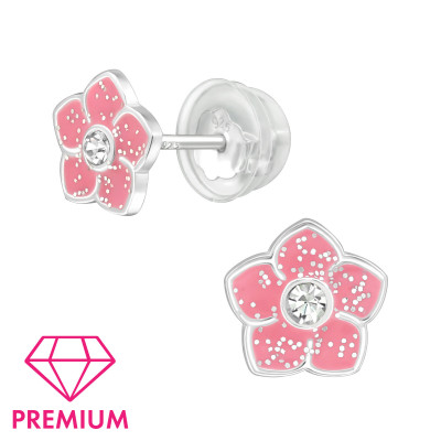 Premium Children's Silver Flower Ear Studs with Crystal and Epoxy