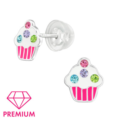 Premium Children's Silver Cupcake Ear Studs with Crystal and Epoxy