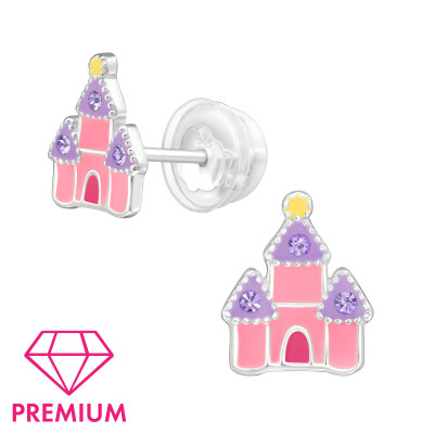 Castle Children's Sterling Silver Premium Kid Ear Studs with Crystal and Epoxy