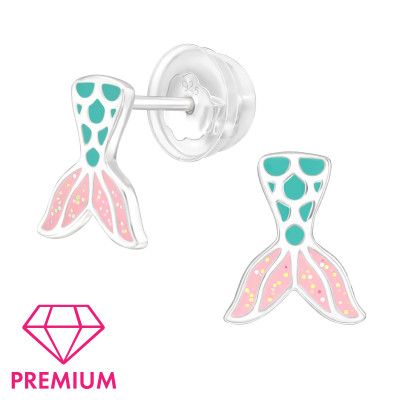 Premium Children's Silver Mermaid Tail Ear Studs with Epoxy