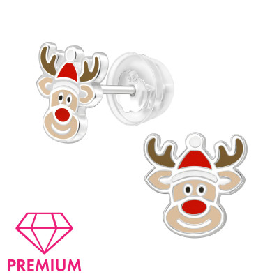 Premium Children's Silver Reindeer Ear Studs with Epoxy