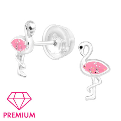 Premium Children's Silver Flamingo Ear Studs with Epoxy