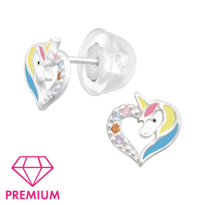 Children's Silver Unicorn Ear Studs with Cubic Zirconia and Epoxy