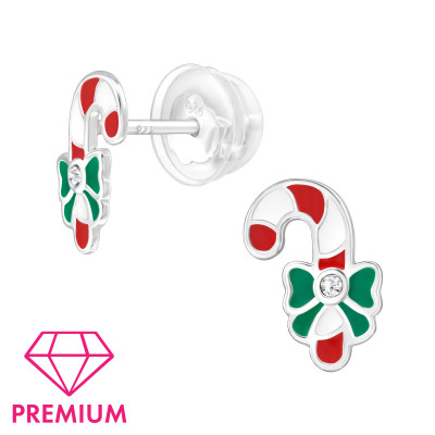 Candy Cane Children's Sterling Silver Premium Kid Ear Studs with Crystal and Epoxy