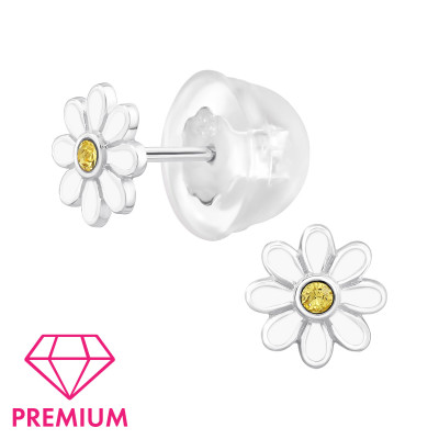 Flower Children's Sterling Silver Premium Kid Ear Studs with Crystal and Epoxy