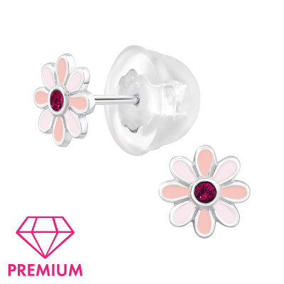 Flower Children's Sterling Silver Premium Kid Ear Studs with Crystal and Epoxy