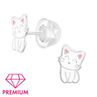 Premium Children's Silver Cat Ear Studs with Epoxy