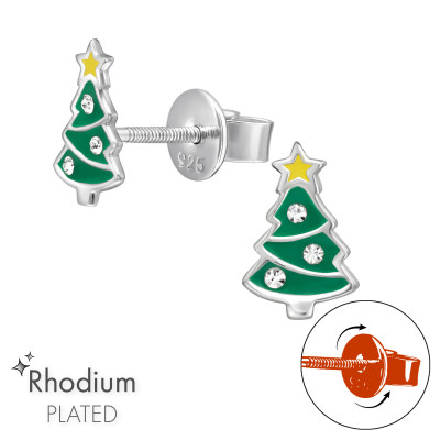 Christmas Tree Screw Back Children's Sterling Silver Premium Kids Ear Studs with Crystal and Epoxy