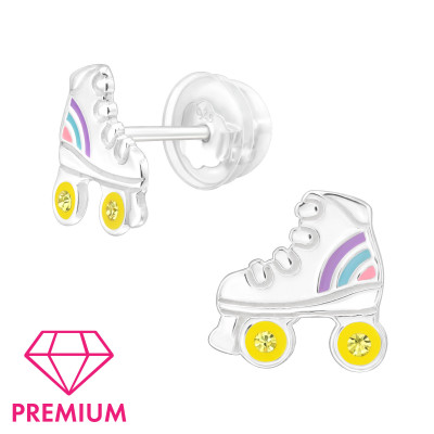 Roller Skate Children's Sterling Silver Premium Kid Ear Studs with Crystal and Epoxy