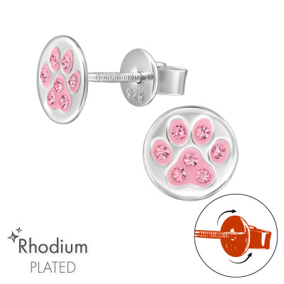 Paw Print Screw Back Children's Sterling Silver Premium Kids Ear Studs with Crystal and Epoxy