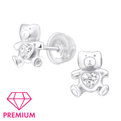 Premium Children's Silver Bear Ear Studs with Crystal