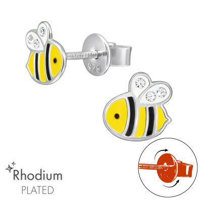 Bee Screw Back Children's Sterling Silver Premium Kids Ear Studs with Crystal and Epoxy