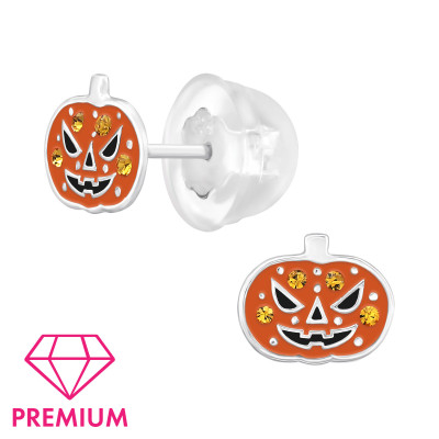 Pumpkin Children's Sterling Silver Premium Kid Ear Studs with Crystal and Epoxy