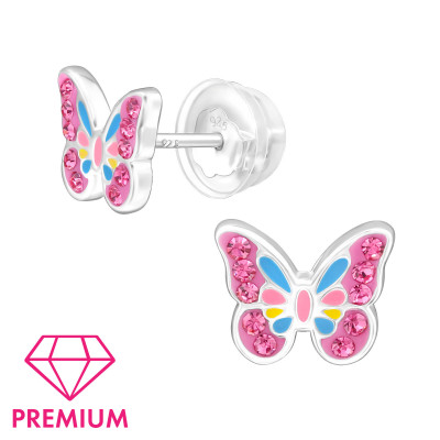 Butterfly Children's Sterling Silver Premium Kid Ear Studs with Crystal and Epoxy