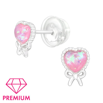 Children's Silver Heart Ear Studs with Imitation Opal