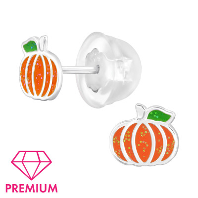 Pumpkin Children's Sterling Silver Premium Kid Ear Studs with Epoxy