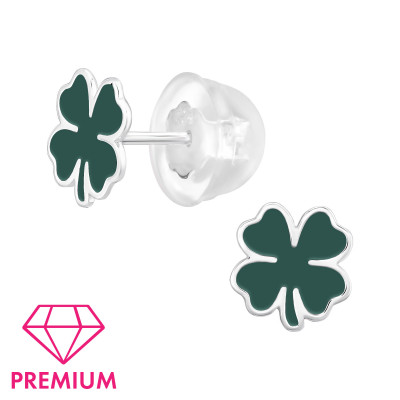 Lucky Clover Children's Sterling Silver Premium Kid Ear Studs with Epoxy