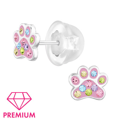 Paw Print Children's Sterling Silver Premium Kid Ear Studs with Crystal