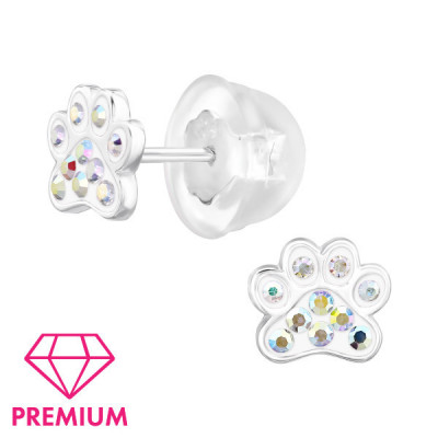 Paw Print Children's Sterling Silver Premium Kid Ear Studs with Crystal