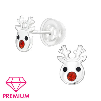 Reindeer Children's Sterling Silver Premium Kid Ear Studs with Crystal and Epoxy