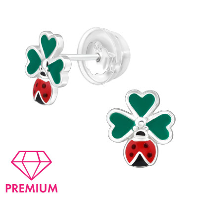 Ladybug and 3 Leaf Clover Children's Sterling Silver Premium Kid Ear Studs with Epoxy