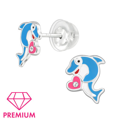 Dolphin with Heart Children's Sterling Silver Premium Kid Ear Studs with Crystal and Epoxy