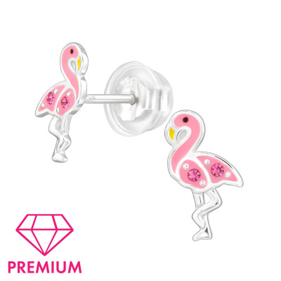 Flamingo Children's Sterling Silver Premium Kid Ear Studs with Crystal and Epoxy