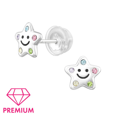 Smiley Star Children's Sterling Silver Premium Kid Ear Studs with Crystal and Epoxy