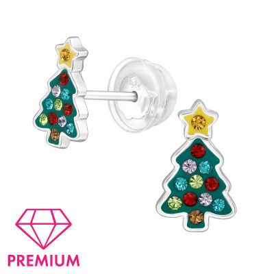 Christmas Tree Children's Sterling Silver Premium Kid Ear Studs with Crystal