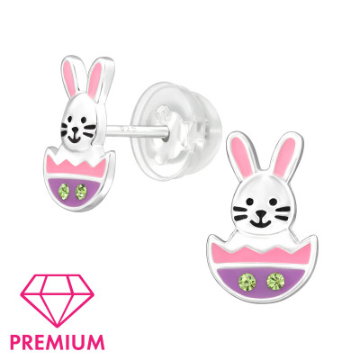 Easter Bunny Children's Sterling Silver Premium Kid Ear Studs with Crystal and Epoxy