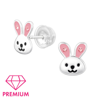 Rabbit Children's Sterling Silver Premium Kid Ear Studs with Crystal and Epoxy