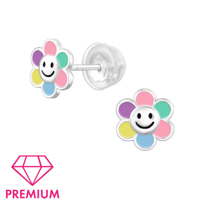 Flower Smiley Children's Sterling Silver Premium Kid Ear Studs with Epoxy