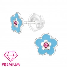 Flower Children's Sterling Silver Premium Kid Ear Studs with Crystal and Epoxy