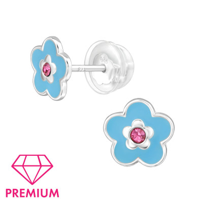 Flower Children's Sterling Silver Premium Kid Ear Studs with Crystal and Epoxy