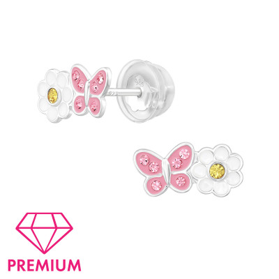 Daisy Flower with Butterfly Children's Sterling Silver Premium Kid Ear Studs with Crystal and Epoxy
