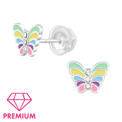 Butterfly Children's Sterling Silver Premium Kid Ear Studs with Crystal and Epoxy