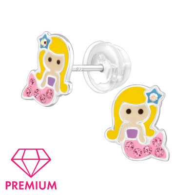 Mermaid Children's Sterling Silver Premium Kid Ear Studs with Crystal and Epoxy