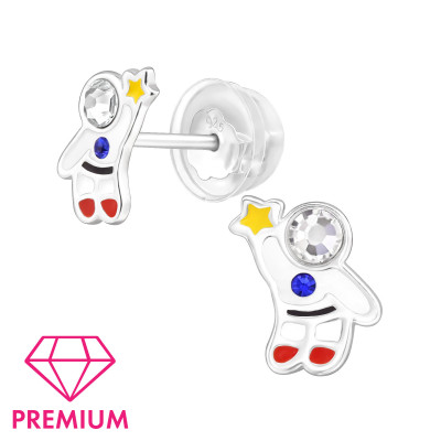 Astronaut Children's Sterling Silver Premium Kid Ear Studs with Crystal and Epoxy